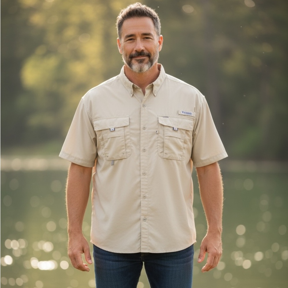 🎣 Columbia PFG Men’s Vented Fishing Shirt 2XL – Beige Short Sleeve Performance